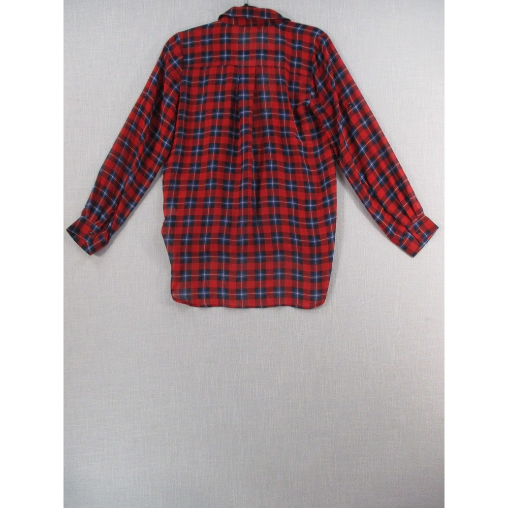 Chic Happens Red Blue Plaid Surplice Draped High Low Blouse Womens Medium - Picture 8 of 10